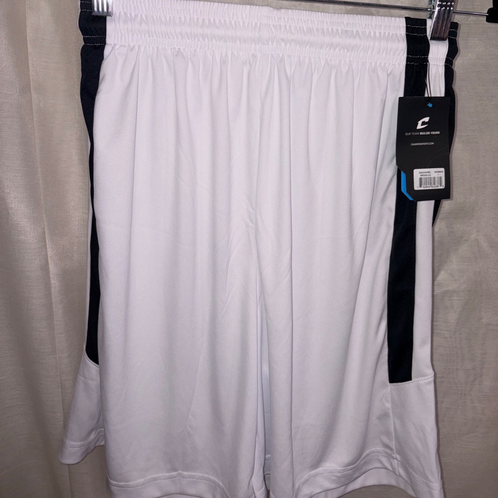 White Champ Pro performance shorts with black side stripe workout lounge sleep